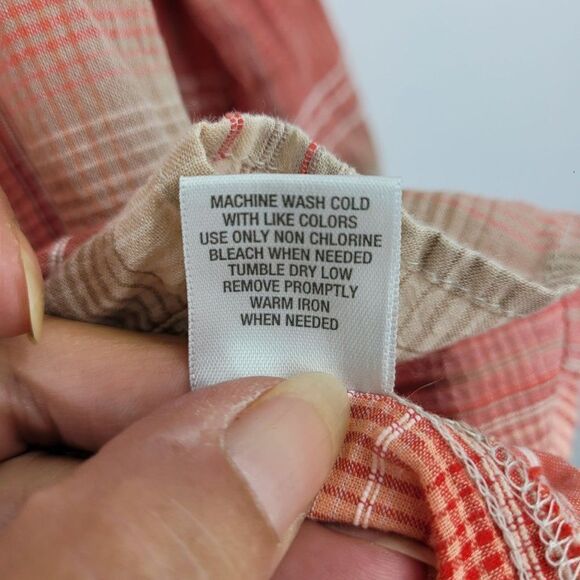 Dress Barn Lightweight Roll Tab Sleeve Blouse S Peach Coral Plaid Button India - Picture 13 of 15